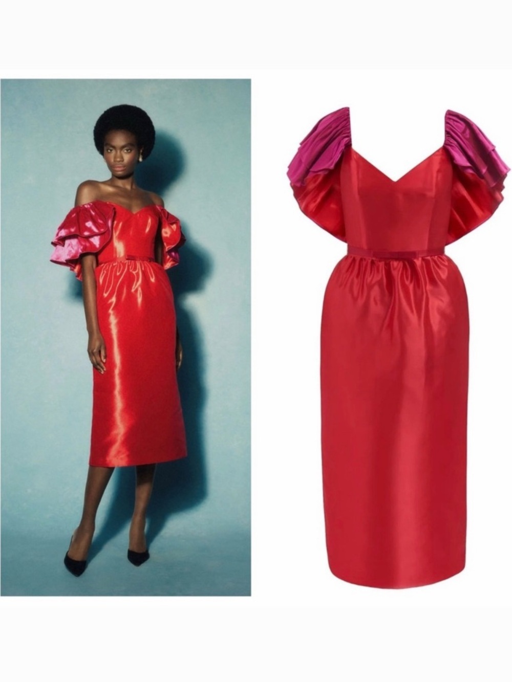 Markarian Red Pink Midi Dress Off Shoulder Silk Linen 14 Wedding Formal NWT 🟠